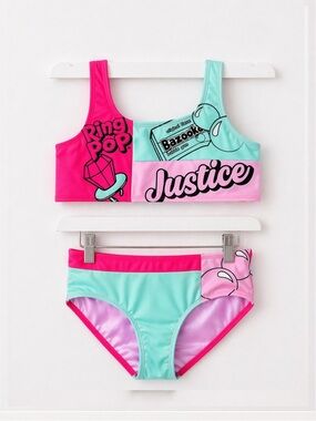 NWOT Girls Justice 2-Piece Bikini Set Size 10 Colorblock Ring Pop Graphic